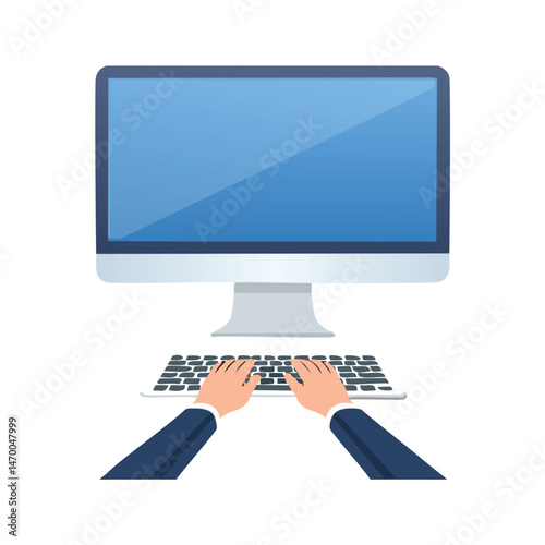  Professional Woman Typing on Keyboard with Monitor Vector