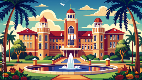 Florida State University - Historic Building Architecture with Palm Trees and Fountain Under Sky
