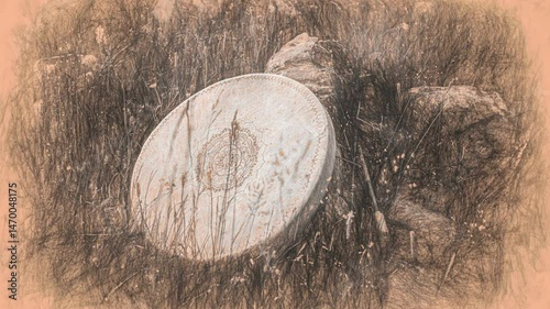 shamanic drum in nature, shamanic drum made of deer goat. Loop Animation.