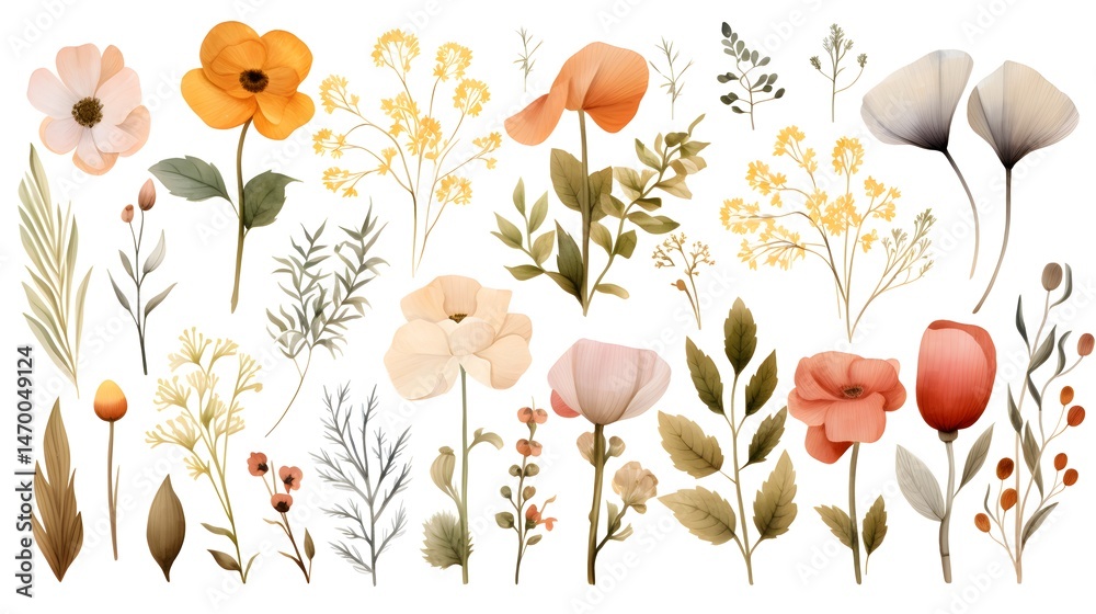 Fototapeta premium Exquisite collection of assorted flowers, leaves, branches, and mushrooms for creative projects