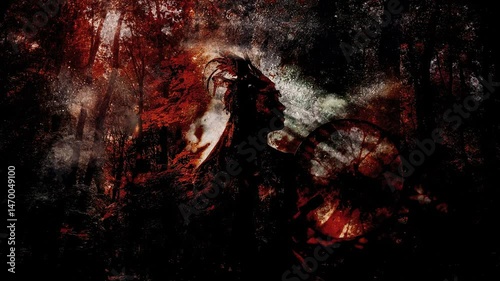 beautiful shamanic girl playing on shaman frame drum in the nature. Loop Animation.