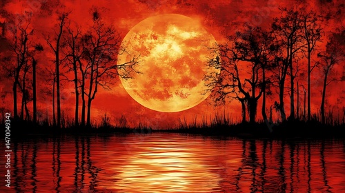Crimson moon, silhouetted trees, reflecting on a tranquil lake.