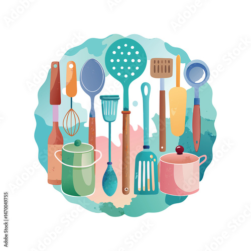Set Kitchen Tool watercolor vector