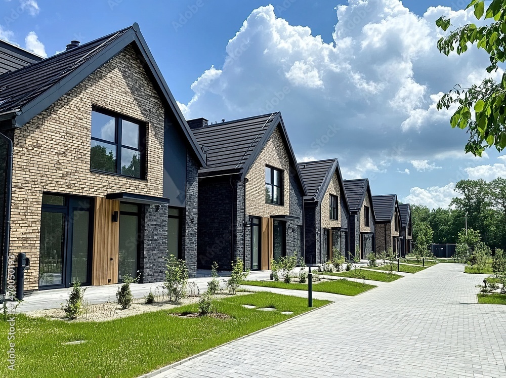 Obraz premium Modern new residential area in Poland, exterior of contemporary townhouses with garden yards against a blue sky background. Real photo. generative ai