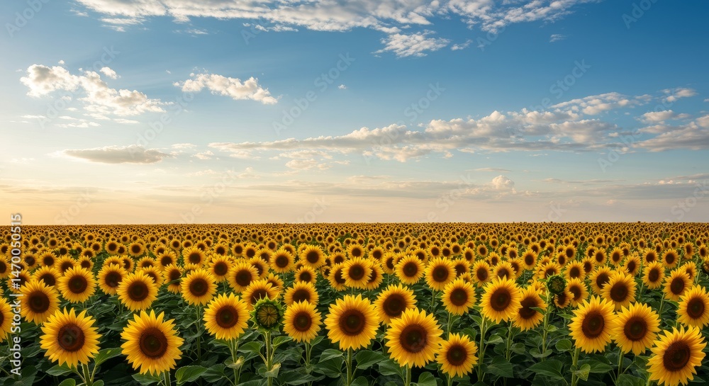 Obraz premium Sunflower Field Blooming Under a Bright Blue Sky Landscape