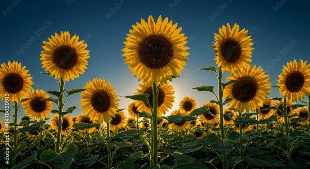 Fototapeta premium Sunflower Field at Golden Hour with Sun Bursting Through Blooms