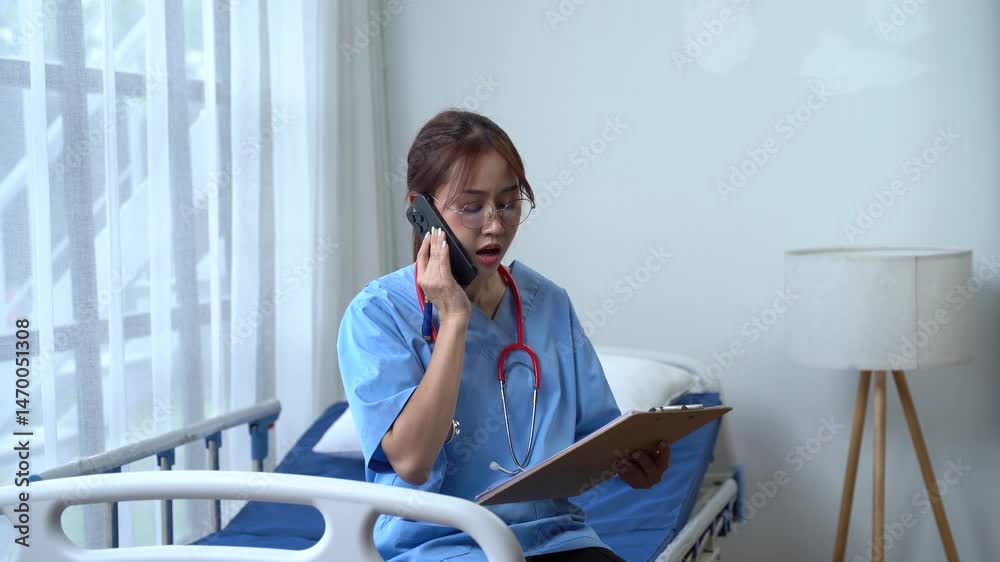 Emergency Call: A determined healthcare professional, donned in medical attire, intensely navigates a critical phone call while clutching essential patient records.