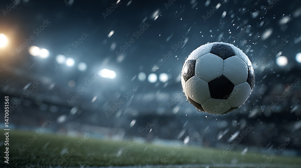 Fototapeta premium Soccer ball in flight, rain, stadium lights