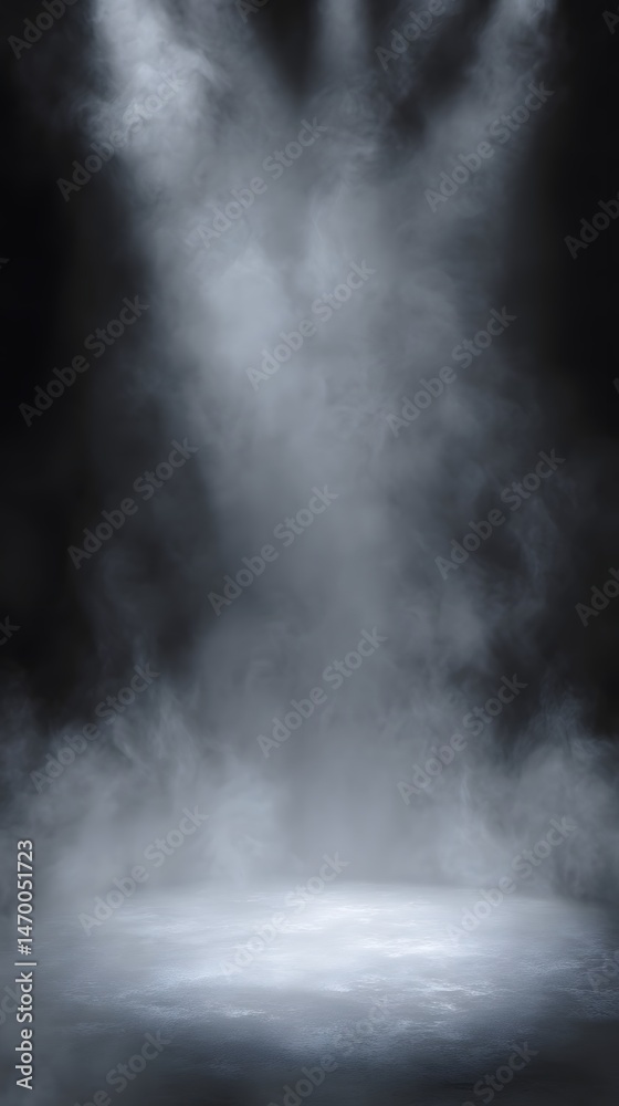 Fototapeta premium Dramatic and abstract 3D of a stage background with billowing white smoke and a bright spotlight