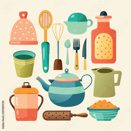 Set Kitchen Tool watercolor vector
