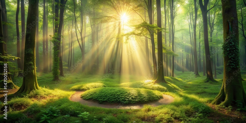 Obraz premium Golden sunbeams illuminate a mystical woodland path, creating an ethereal ambiance amidst the verdant canopy and mossy forest floor.