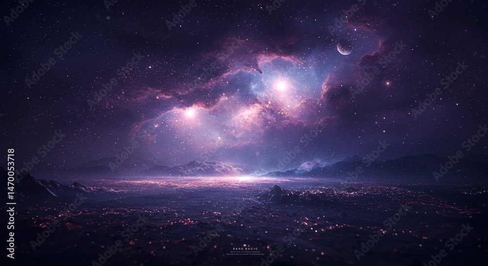 Fototapeta premium Alien Planet Nightscape Starry Sky Nebula and Glowing Landscape