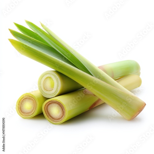 Fresh Lemongrass Stalks with Leaves Isolated on White Background Culinary Herb Ingredient