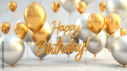 Gold and silver balloons floating with happy birthday text in elegant scene. 4K video