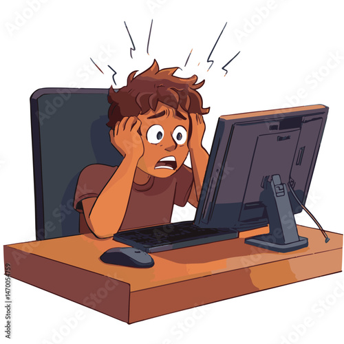 Frustrated Boy Stressed Out While Working On Computer Depicts Modern Problems