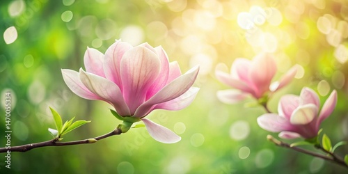 Serene Pink Magnolia Blossoms in Soft Sunlight, Delicate Petals Unfurling in a Lush Green Garden