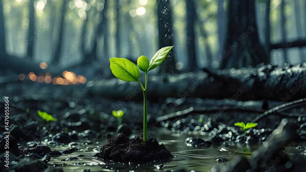 Young green seedling growing in wet soil with raindrops falling in a dark forest background, surrounded by burned logs and ash-covered ground


