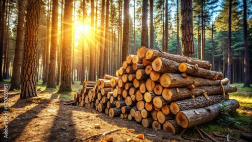 Golden Hour Lumber Stack in a Sun-Dappled Forest