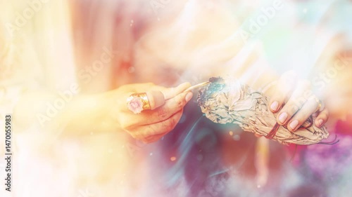 incense in a woman hand, ceremony space.