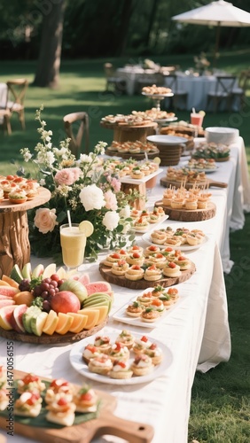 Elegant outdoor catering table with fruit platter, savory tarts, and refreshing beverages on a sunlit lawn, ideal for weddings and upscale events in high resolution 8K