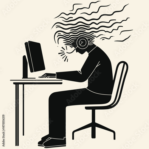 Call Center Agent Silhouette Working At Computer With Headset On Desk Chair