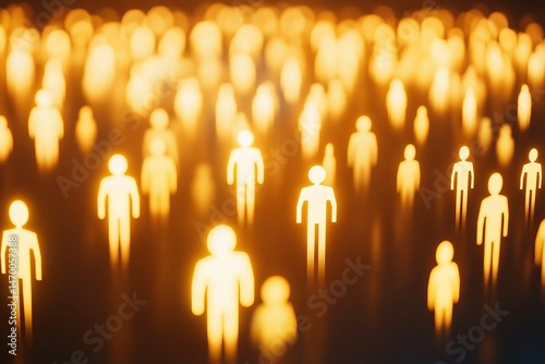 Crowd of glowing abstract human figures symbolizing digital population and network connection in a virtual world