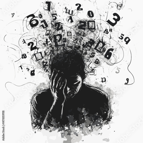 Man Overwhelmed By Numbers And Thoughts Feeling Anxious And Stressed Out