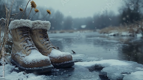Skates mittens abandoned frozen pond images
