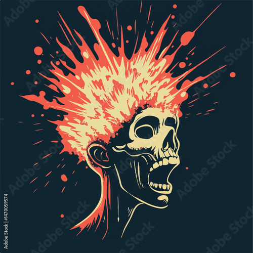 Screaming Skull With Exploding Hair In A Minimalist And Modern Illustration Style