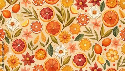 Wallpaper Mural Vibrant Citrus and Floral Seamless Pattern Design Featuring Slices of Oranges, Grapefruits, Lemons, and a Variety of Blossoms in Warm Autumnal Hues Torontodigital.ca