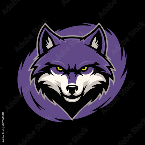 A vector mascot of a wild wolf head, set against a black background.