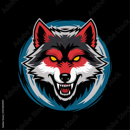 A vector mascot of a wild wolf head, set against a black background.