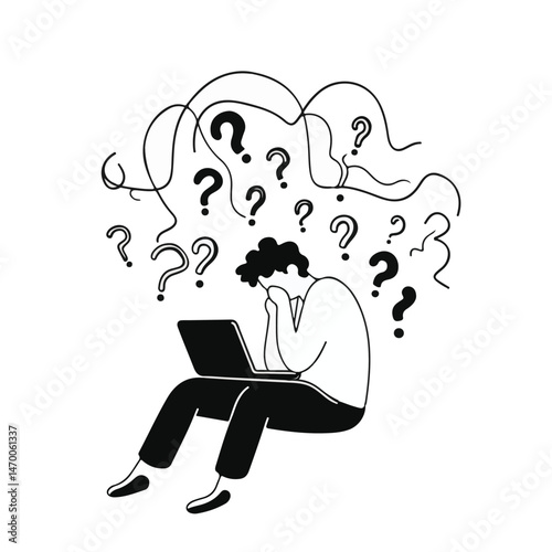 Overwhelmed Man Working On Laptop With Question Marks Illustration Concept