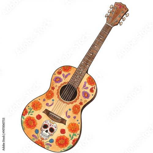 Ornate Acoustic Guitar with Floral and Skull Design