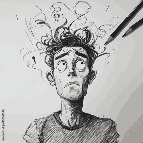Man Overwhelmed With Thoughts Conceptual Ink Sketch Featuring Pencils Nearby