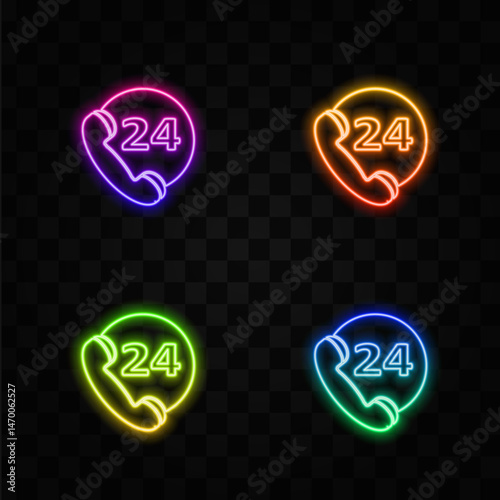 24 hour support line icon. permanent customer support calculation center. call in time. neon style.