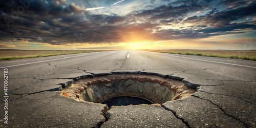 Wallpaper Mural A vast chasm splits an asphalt road at sunset, revealing a deep, dark abyss beneath the cracked surface, presenting an image of hidden dangers and unexpected obstacles on life's journey. Torontodigital.ca