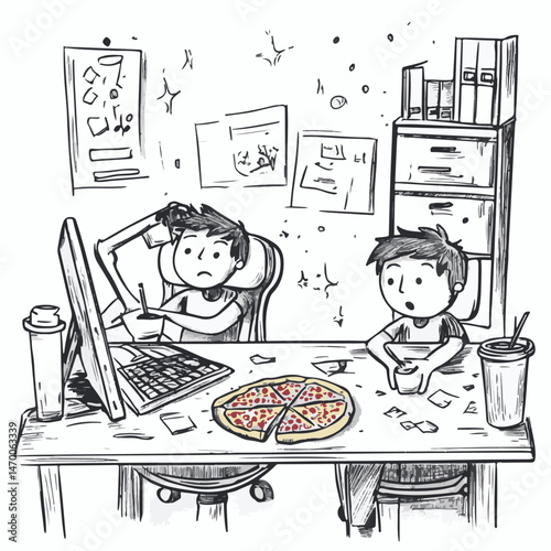 Two Young Programmers Eating Pizza At A Messy Desk Black And White
