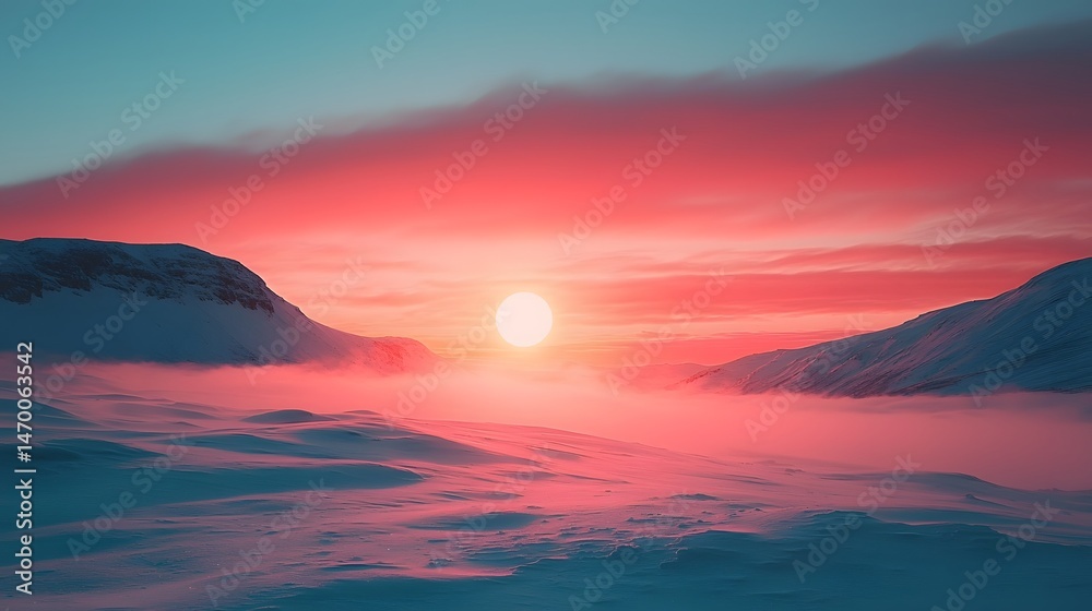 Serene winter sunrise over snowy mountain peaks