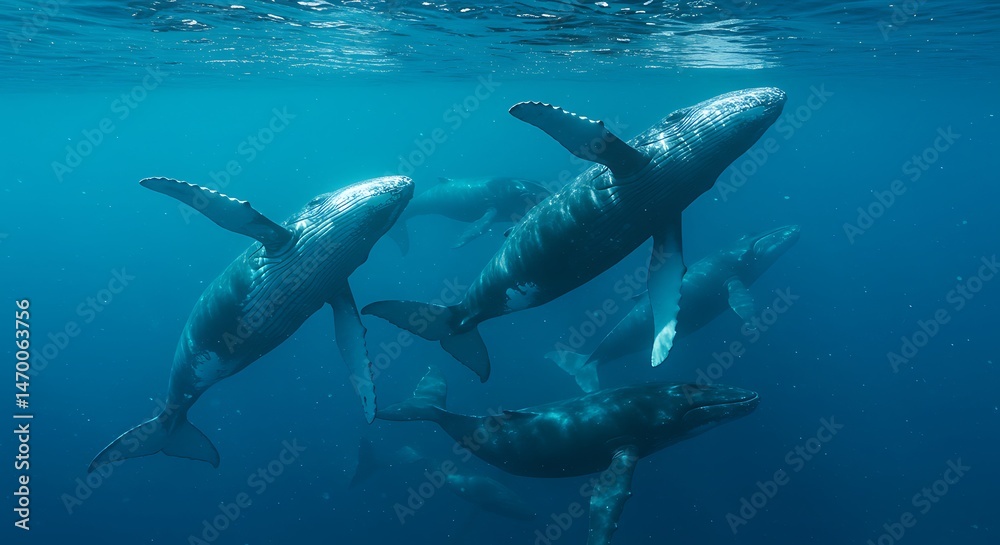 Obraz premium Whale pod underwater majestic mammals swimming in deep blue ocean