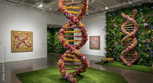 Floral DNA Double Helix Art Installation - A stunning art installation featuring two large floral DNA double helix sculptures in a modern art gallery setting