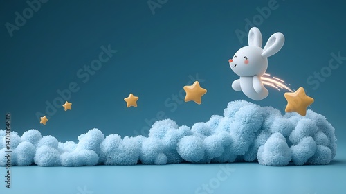 Obraz na płótnie Whimsical rabbit among fluffy clouds and twinkling stars in the night sky w salonie