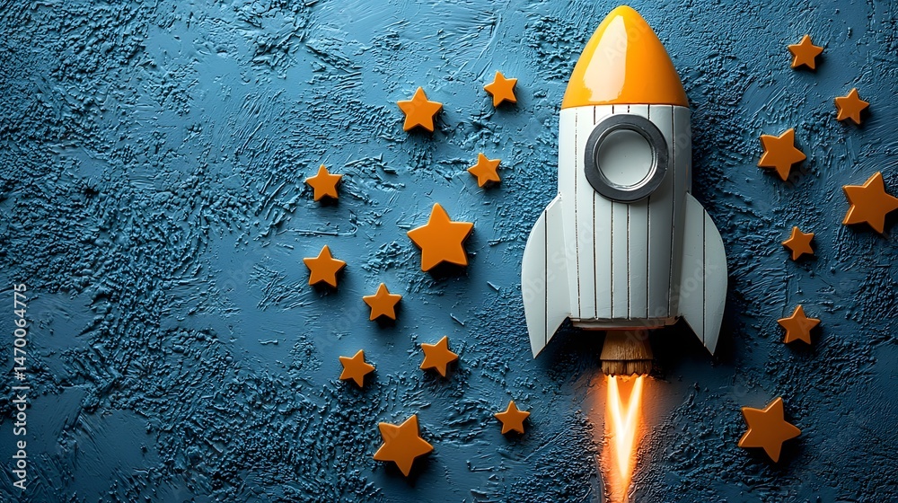 Rocket launch with stars against a blue background