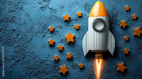 Rocket launch with stars against a blue background