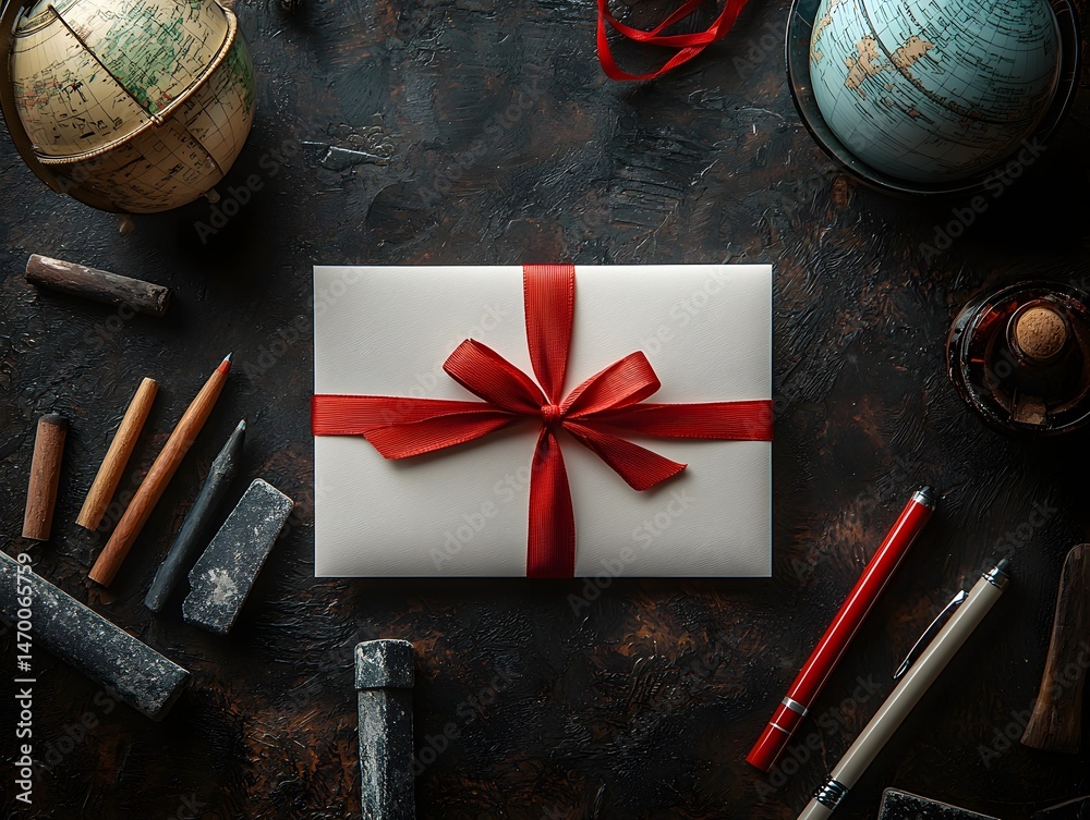 Minimalist white gift card with red ribbon on teacher s desk