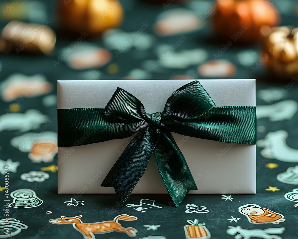 A gift card with a green ribbon on a chalkboard with teacher themed