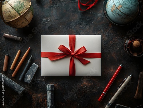 Obraz na płótnie Minimalist white gift card with red ribbon on teacher s desk w salonie