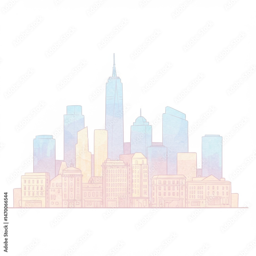 Fototapeta premium Pastel City Skyline Watercolor Illustration
