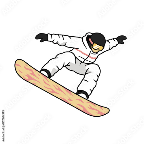 Freestyle snowboarder jumping mountain covered clouds vector illustration snowboard winter extreme snow action lifestyle sport fun ski air board speed
