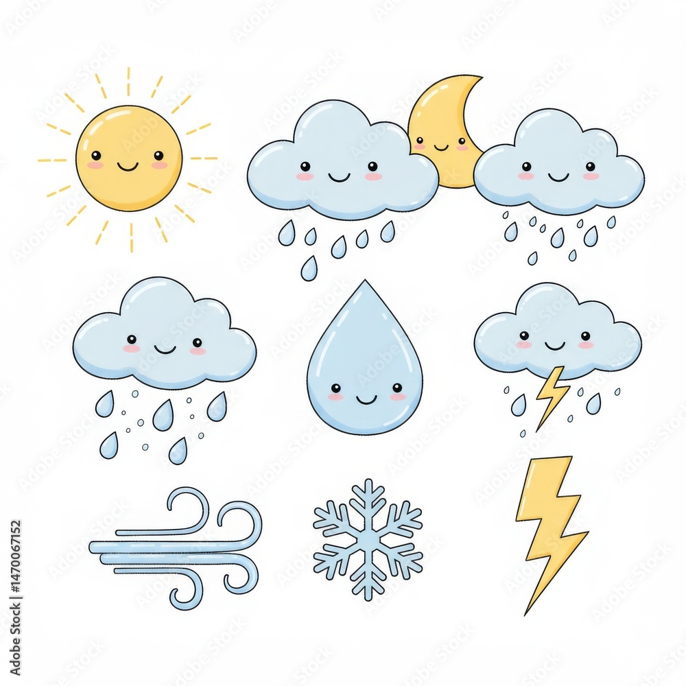 Fototapeta premium Cute Cartoon Weather Icons Illustration